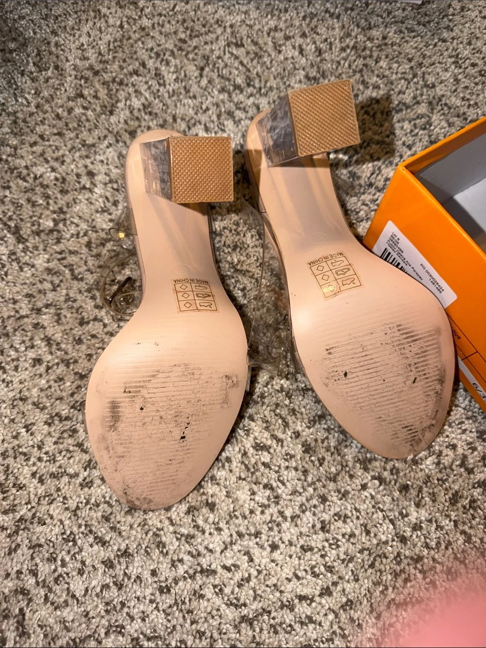 Public Desire Nude Clear Strap Block Heel Sandals
